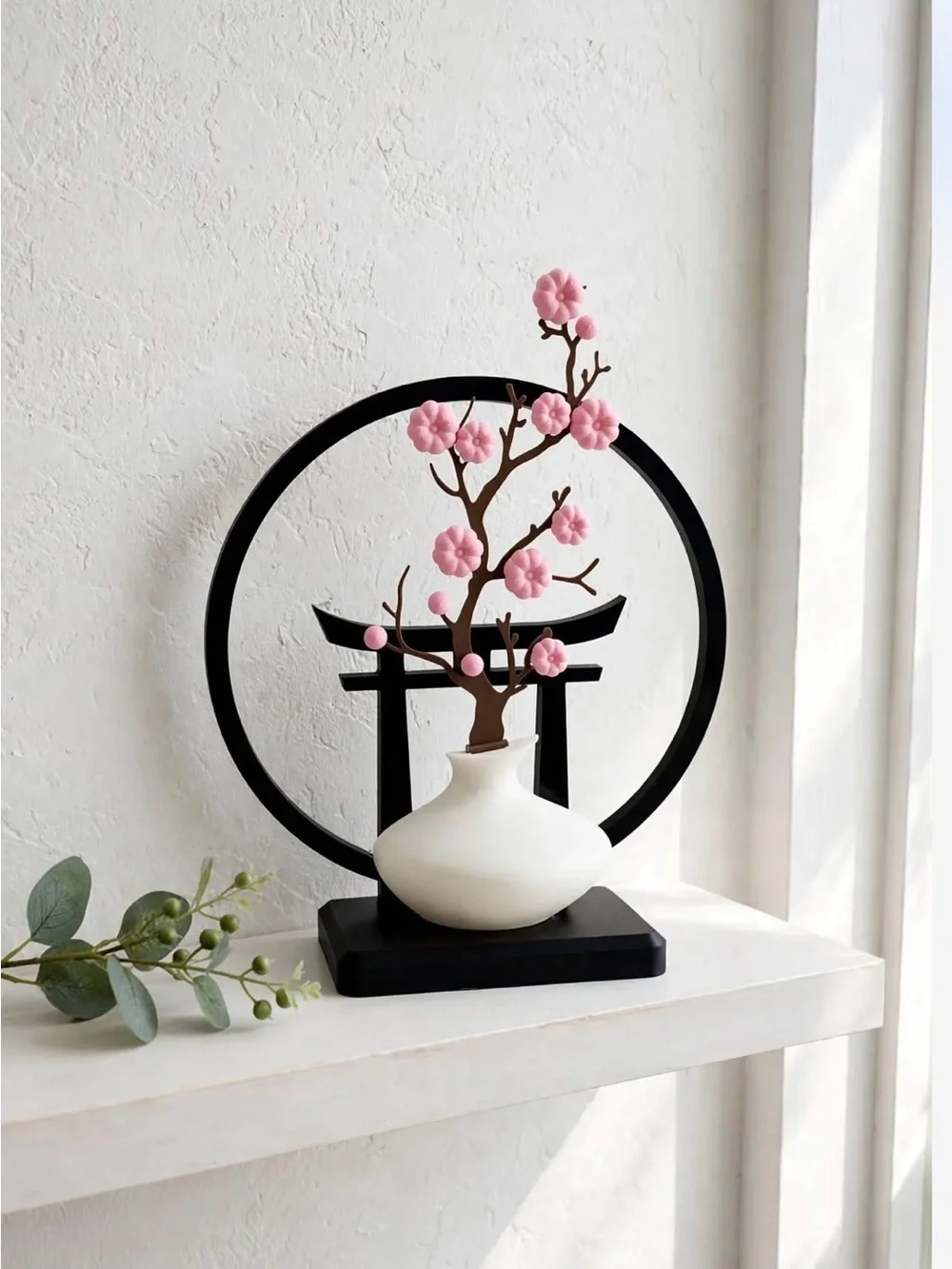 Decorative Cherry Blossom Vase Sculpture in Pink and Black